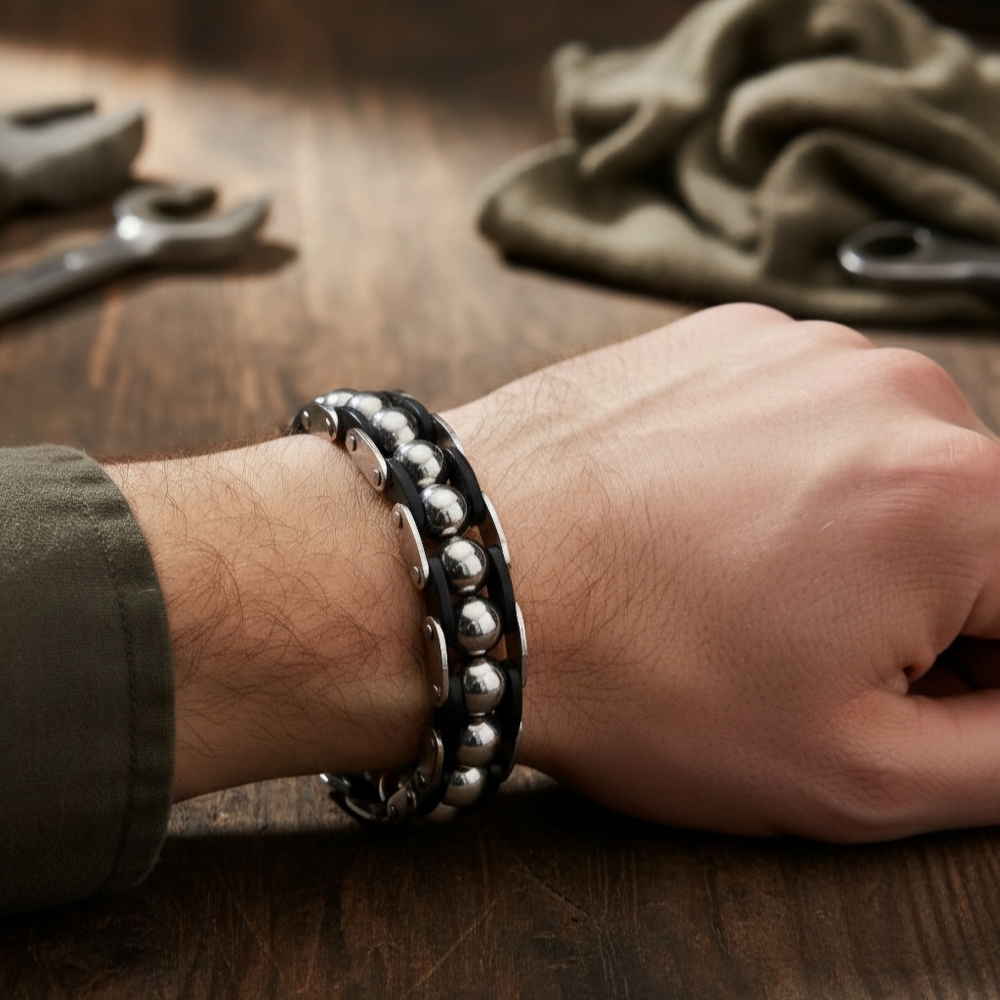 Mens Bracelet Stainless Steel, Bike Chain Style, Steel and Black